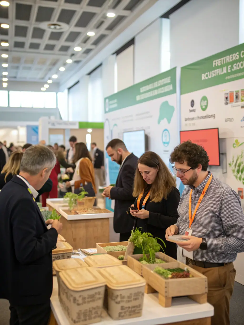 A photograph of a bustling conference event focused on sustainable food packaging, showcasing attendees examining innovative packaging solutions.