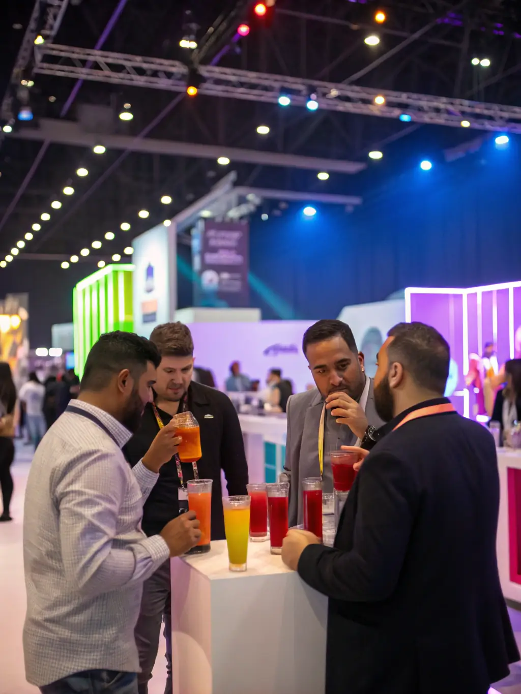 A vibrant image of a food and beverage innovation expo, featuring a tasting session with attendees sampling new product offerings.