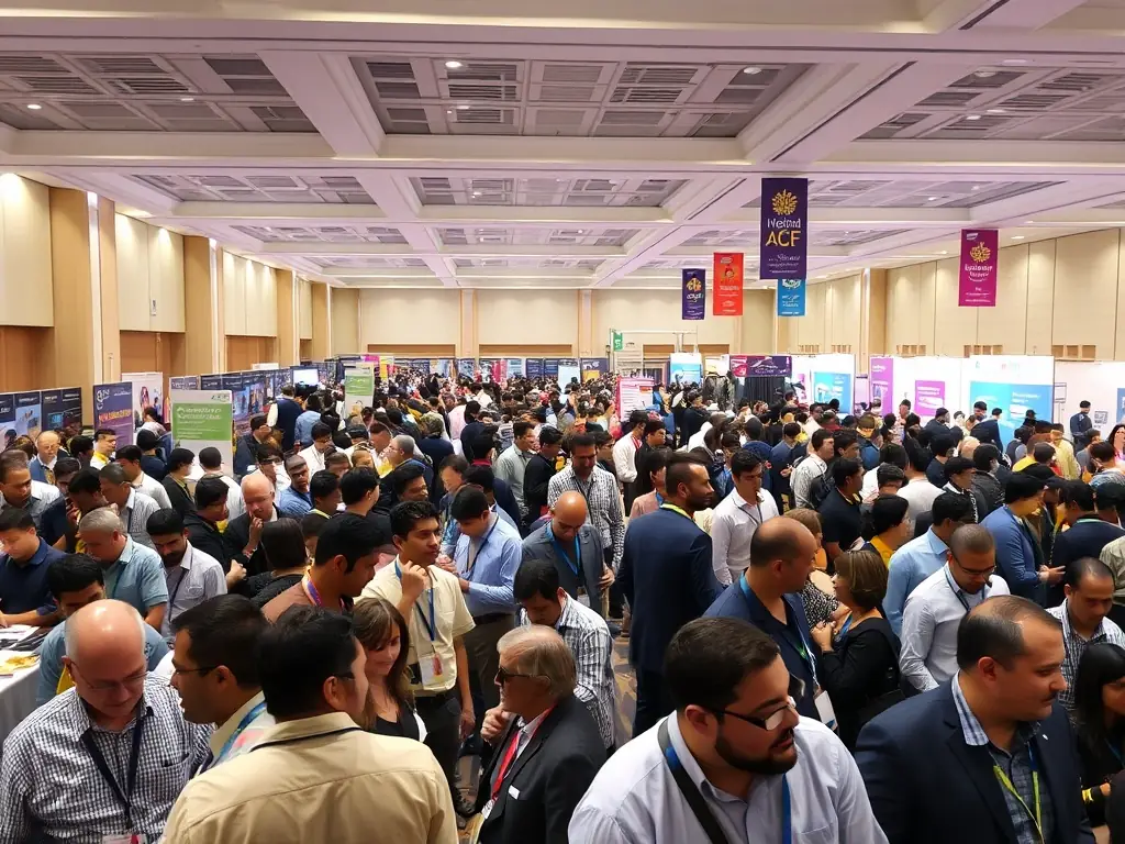 A photograph of attendees networking at a past nougatlab conference, with a focus on the vibrant atmosphere and engagement.